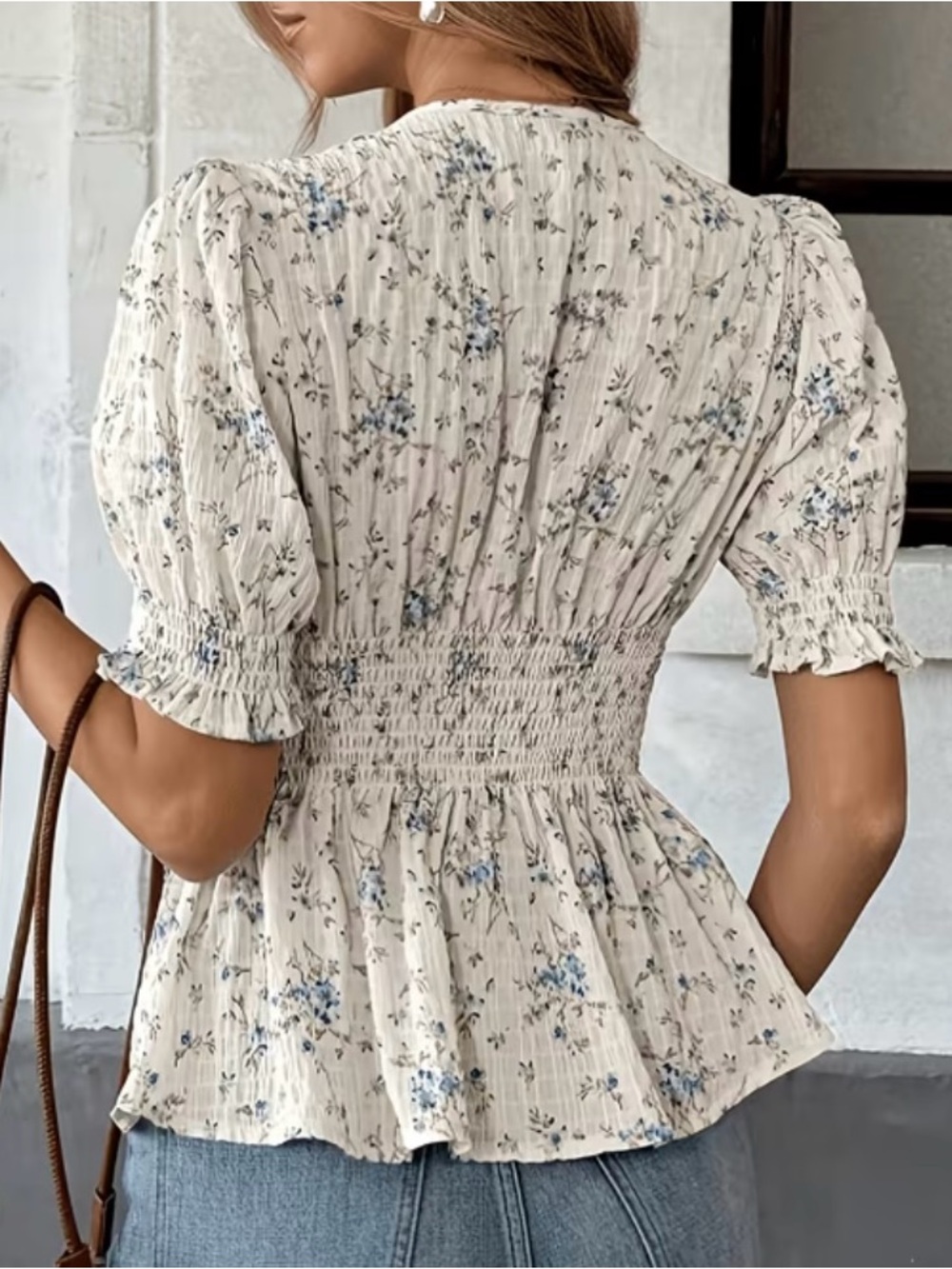 Floral Lace-Trim Peplum Blouse in Cream and Blue - Picture 2 of 6